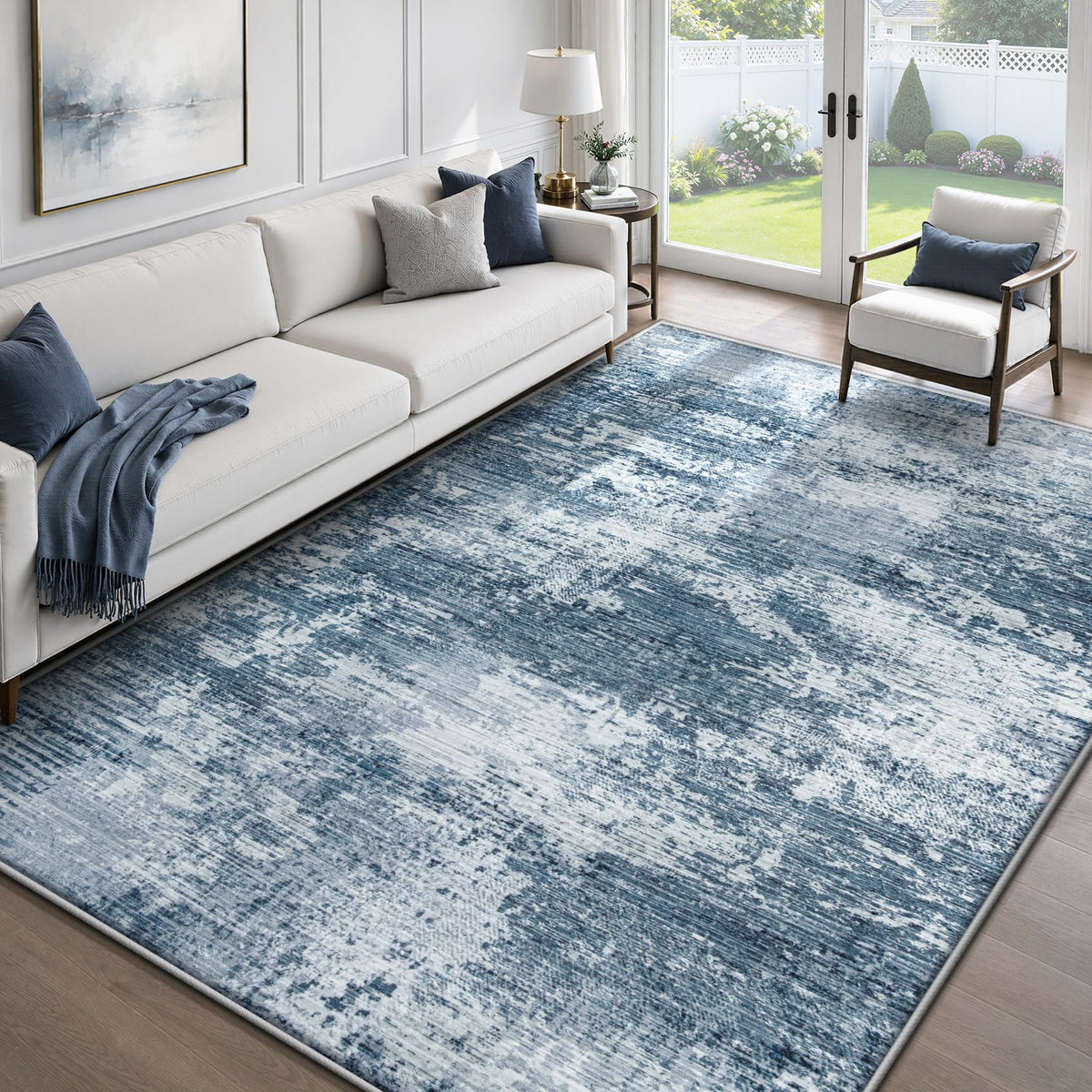 9x12 Area Rugs for Living Room: Washable Modern Abstract Rug Large Neutral Non-Slip Low Pile Indoor Carpet for Bedroom Dining Room Nursery Office (Blue, 9'x12')