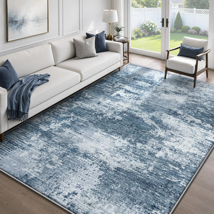 9x12 Area Rugs for Living Room: Washable Modern Abstract Rug Large Neutral Non-Slip Low Pile Indoor Carpet for Bedroom Dining Room Nursery Office (Blue, 9'x12')