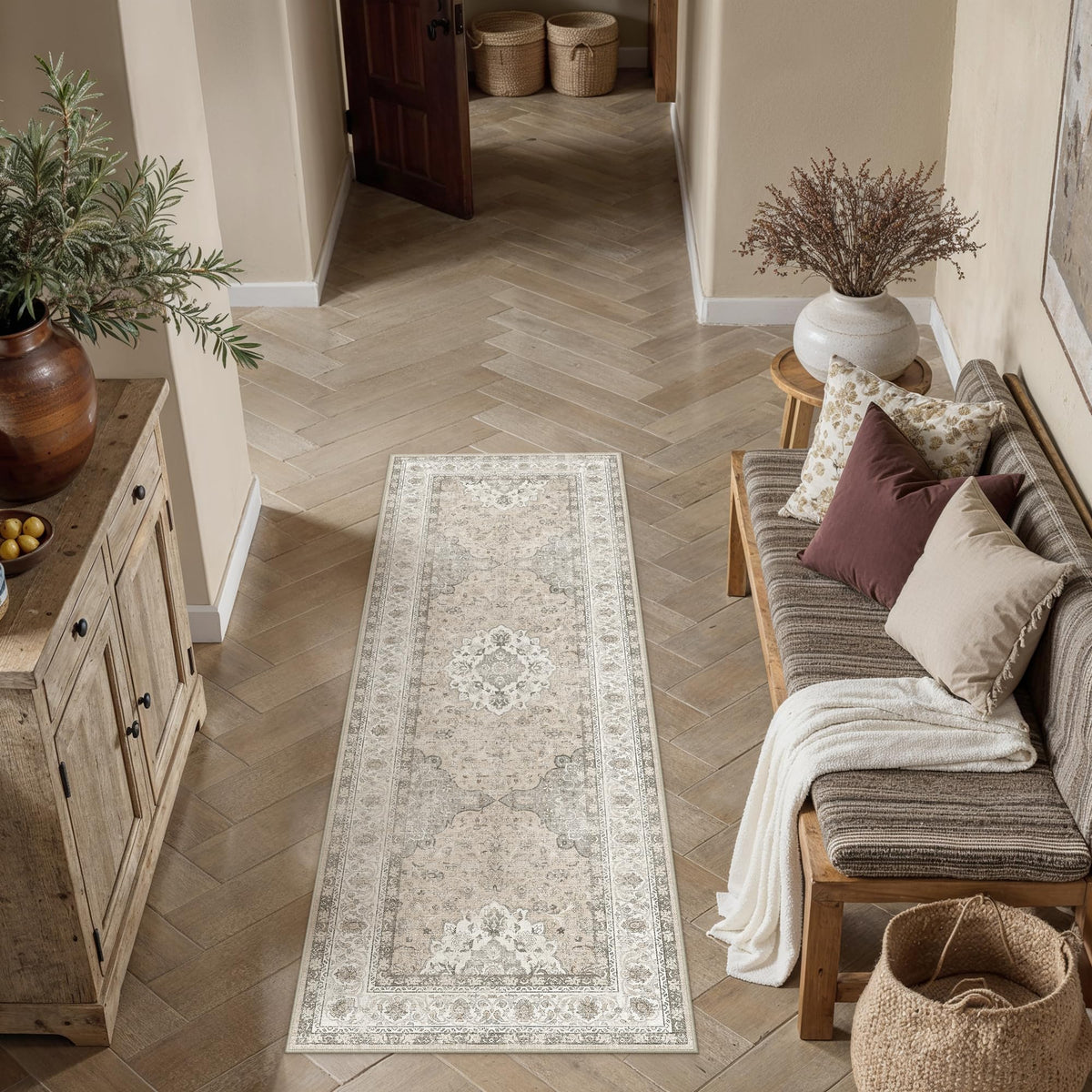 8x10 Washable Area Rug Beige Grey Non Slip Vintage Carpet