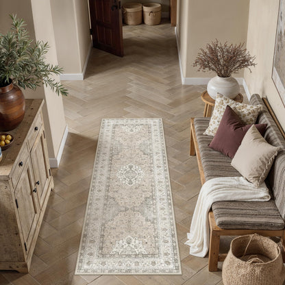 8x10 Washable Area Rug Beige Grey Non Slip Vintage Carpet