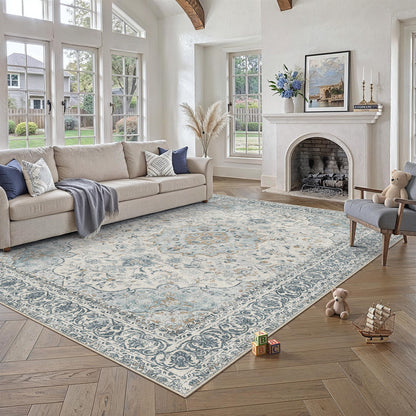 8x10 Washable Area Rug Beige Grey Non Slip Vintage Carpet