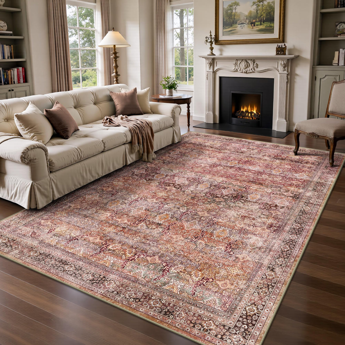 8x10 Area Rugs for Living Room - Washable Vintage Retro Large Rug, Soft Ultra Thin Non Slip Low Pile Traditional Distressed Boho Carpet for Bedroom Dining Room Home Office, Rust Clay