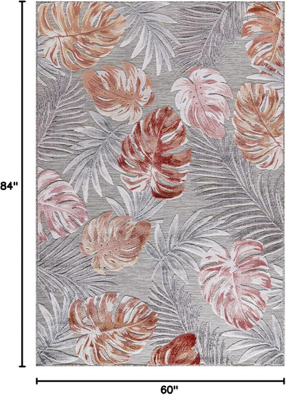 CAMILSON Indoor Outdoor Rug, Multi 5x7 Leaf Tropical Botanical Area Rugs for Indoor and Outdoor patios, Easy-Cleaning Non-Shedding Living Room, Garden and Kitchen Washable Outside Carpet (5 x 7)