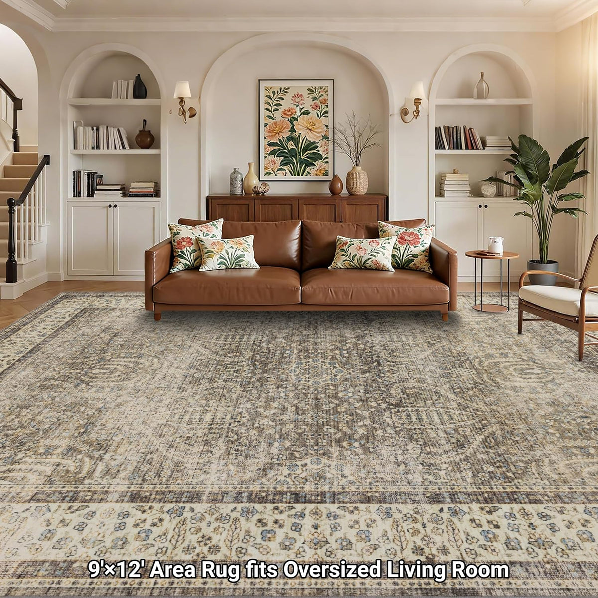 RCTJHOME 9x12 Brown Vintage Oriental Washable Area Rug Non-Slip Soft Carpet