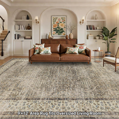 RCTJHOME 9x12 Brown Vintage Oriental Washable Area Rug Non-Slip Soft Carpet