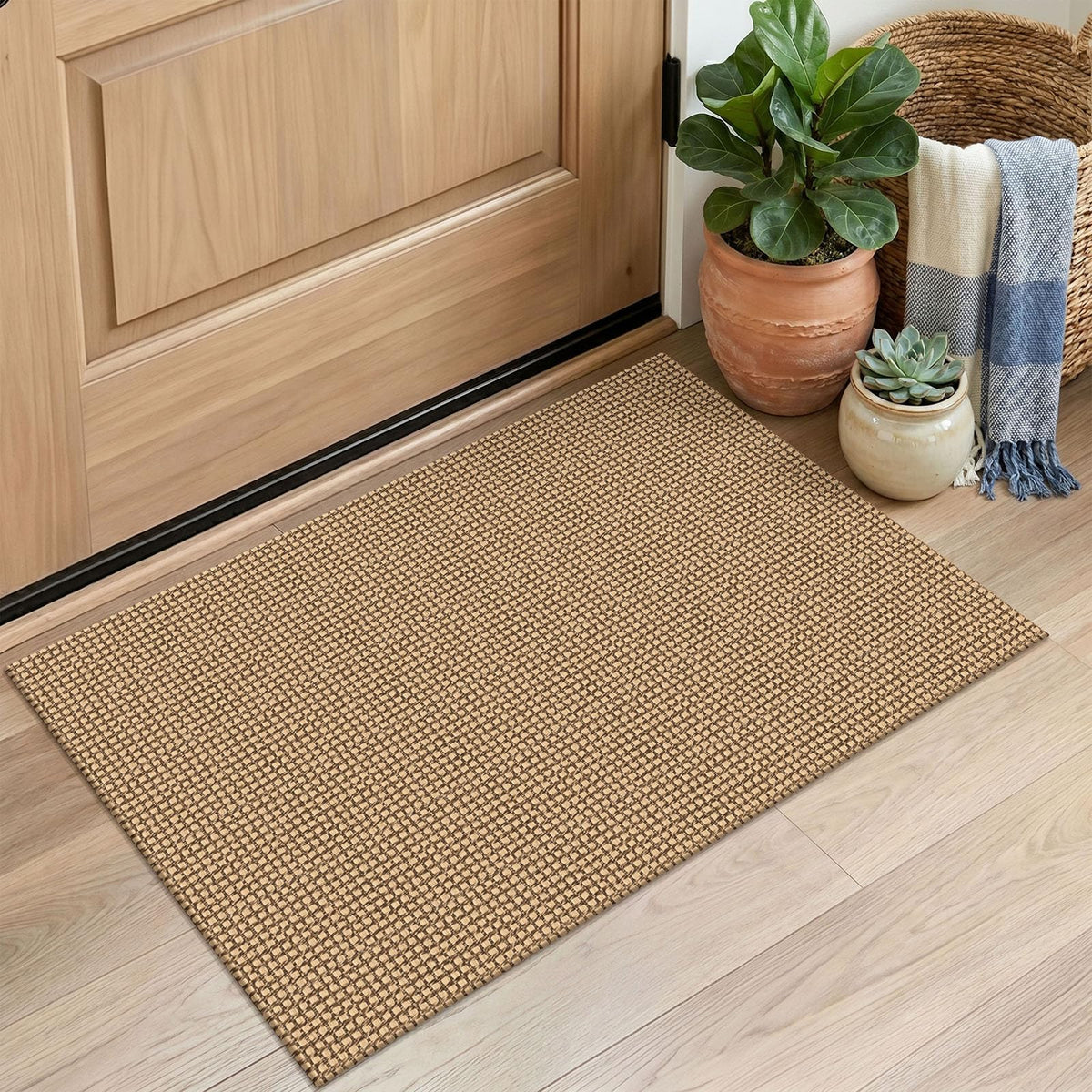 EARTHALL Woven Area Rug 3x5 Ft Washable Rugs for Entryway Braided Non Slip Rubber Backed Throw Rugs Door Mat Indoor Outdoor Entrance Cotton Carpet for Kitchen Foyer Front Door, Orange/Tan/Brown