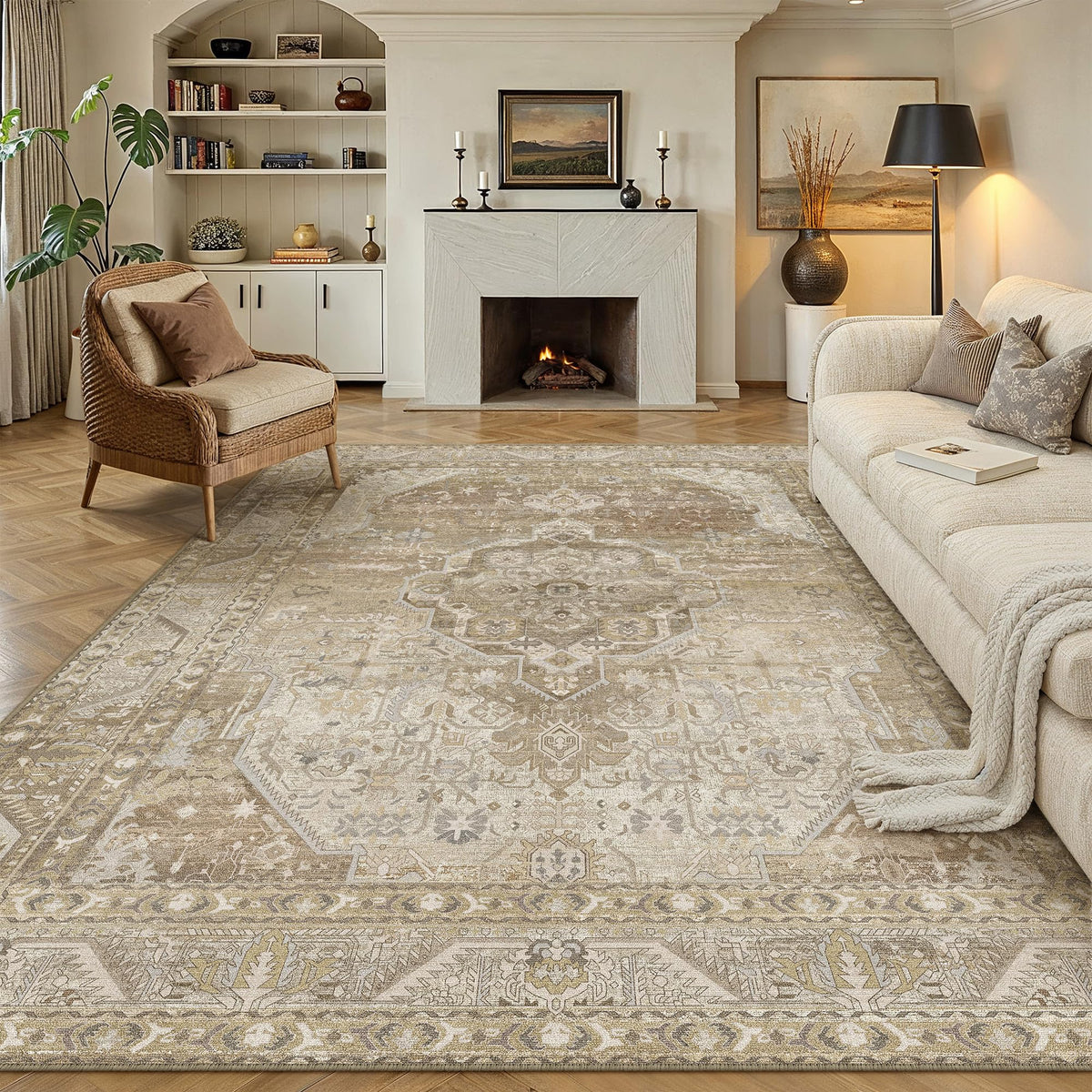 8x10 Washable Area Rug Beige Grey Non Slip Vintage Carpet