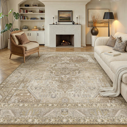 8x10 Washable Area Rug Beige Grey Non Slip Vintage Carpet