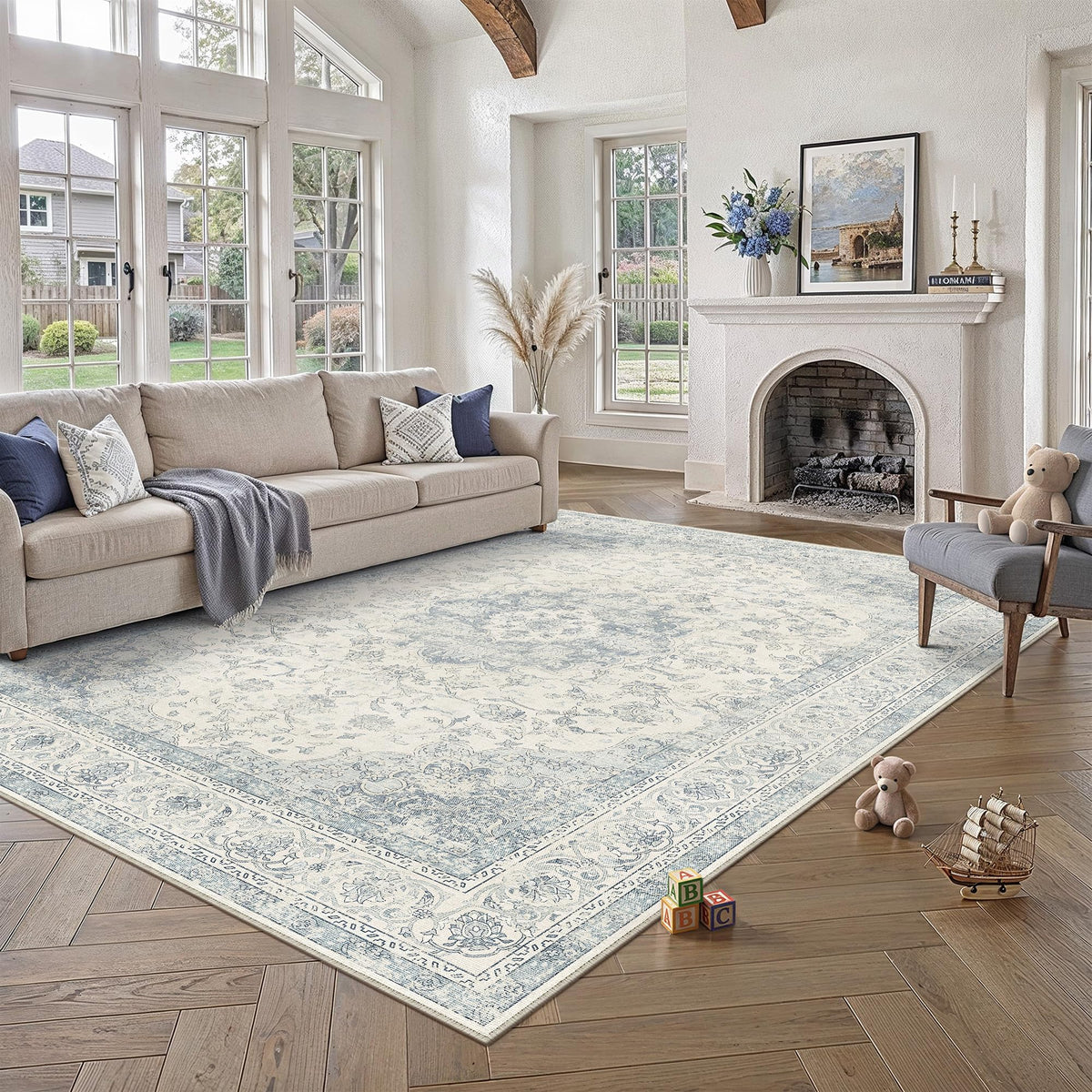 8x10 Washable Area Rug Beige Grey Non Slip Vintage Carpet