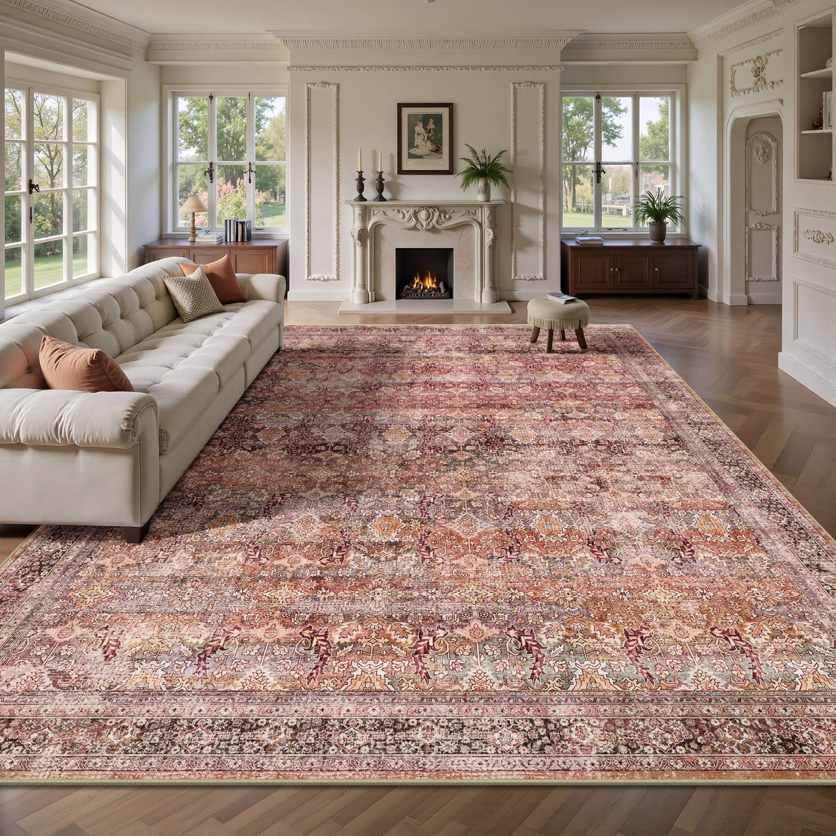 8x10 Area Rugs for Living Room - Washable Vintage Retro Large Rug, Soft Ultra Thin Non Slip Low Pile Traditional Distressed Boho Carpet for Bedroom Dining Room Home Office, Rust Clay