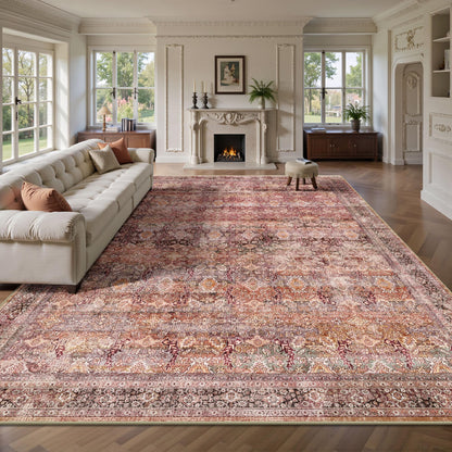 8x10 Area Rugs for Living Room - Washable Vintage Retro Large Rug, Soft Ultra Thin Non Slip Low Pile Traditional Distressed Boho Carpet for Bedroom Dining Room Home Office, Rust Clay