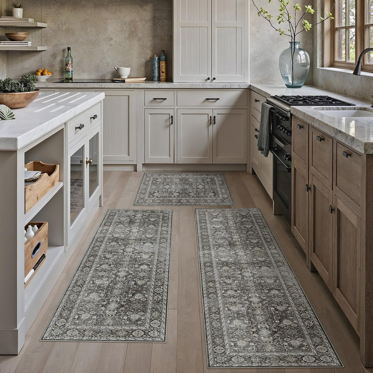 HUGEAR 3-Piece Grey Neutral Kitchen Rug Set