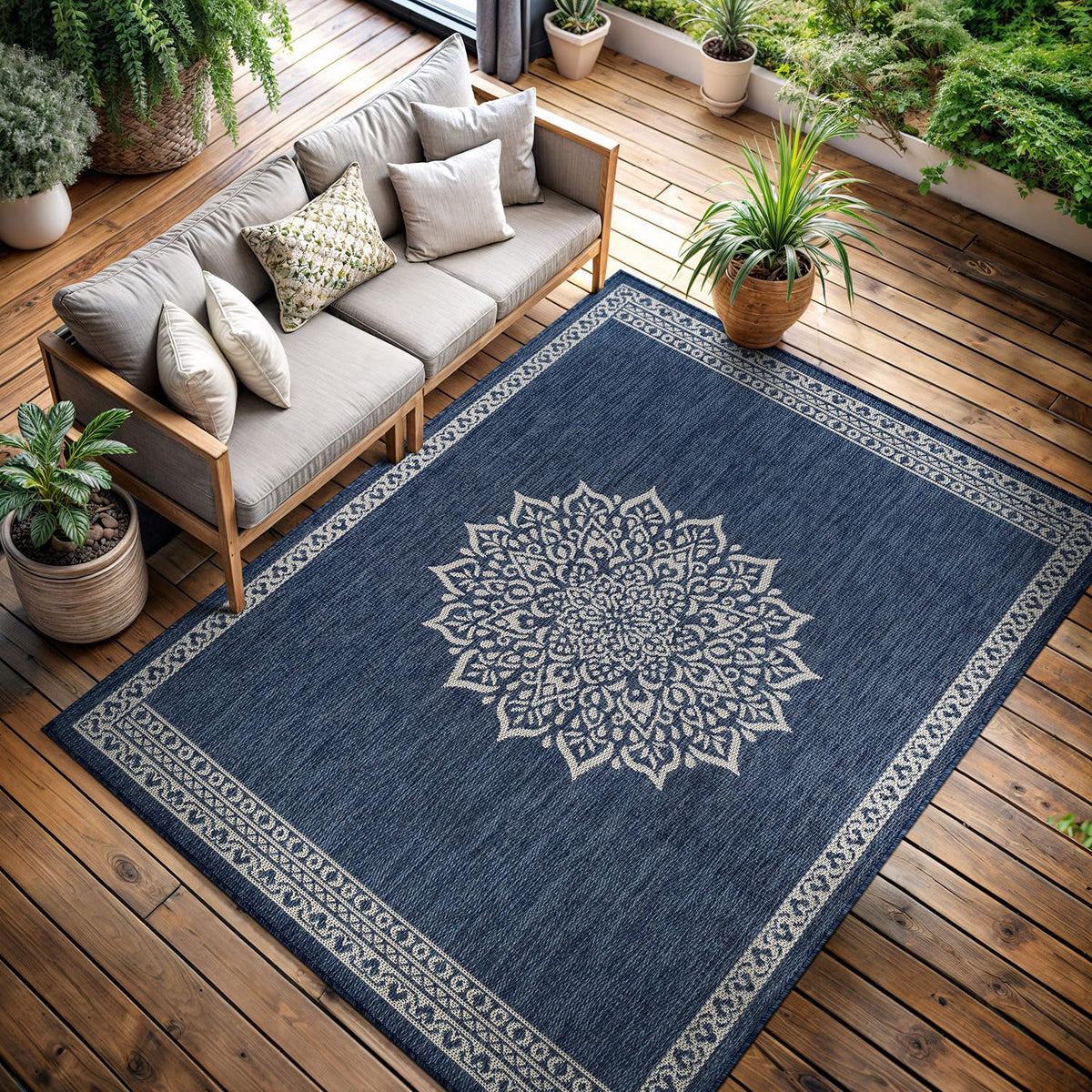 CAMILSON Indoor Outdoor Rug, 6x9 Bordered Dark Grey Black Modern Area Rugs for Indoor and Outdoor Patios, Kitchen and Hallway Mats, Washable Porch Deck Outside Carpet (Bordered Black, 6 x 9)