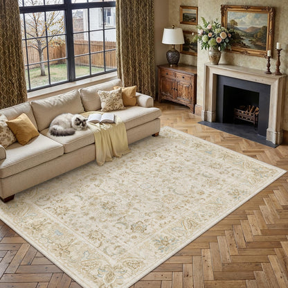 8x10 Washable Area Rug Beige Grey Non Slip Vintage Carpet