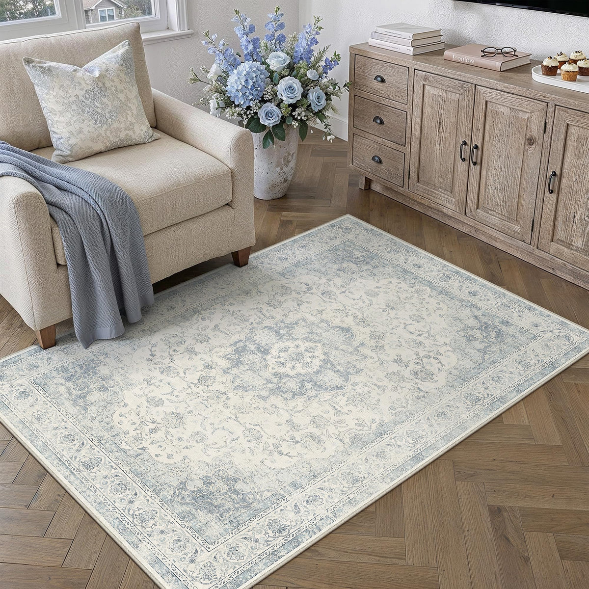 8x10 Washable Area Rug Beige Grey Non Slip Vintage Carpet