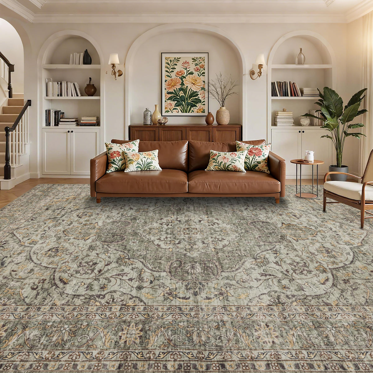 RCTJHOME 9x12 Brown Vintage Oriental Washable Area Rug Non-Slip Soft Carpet
