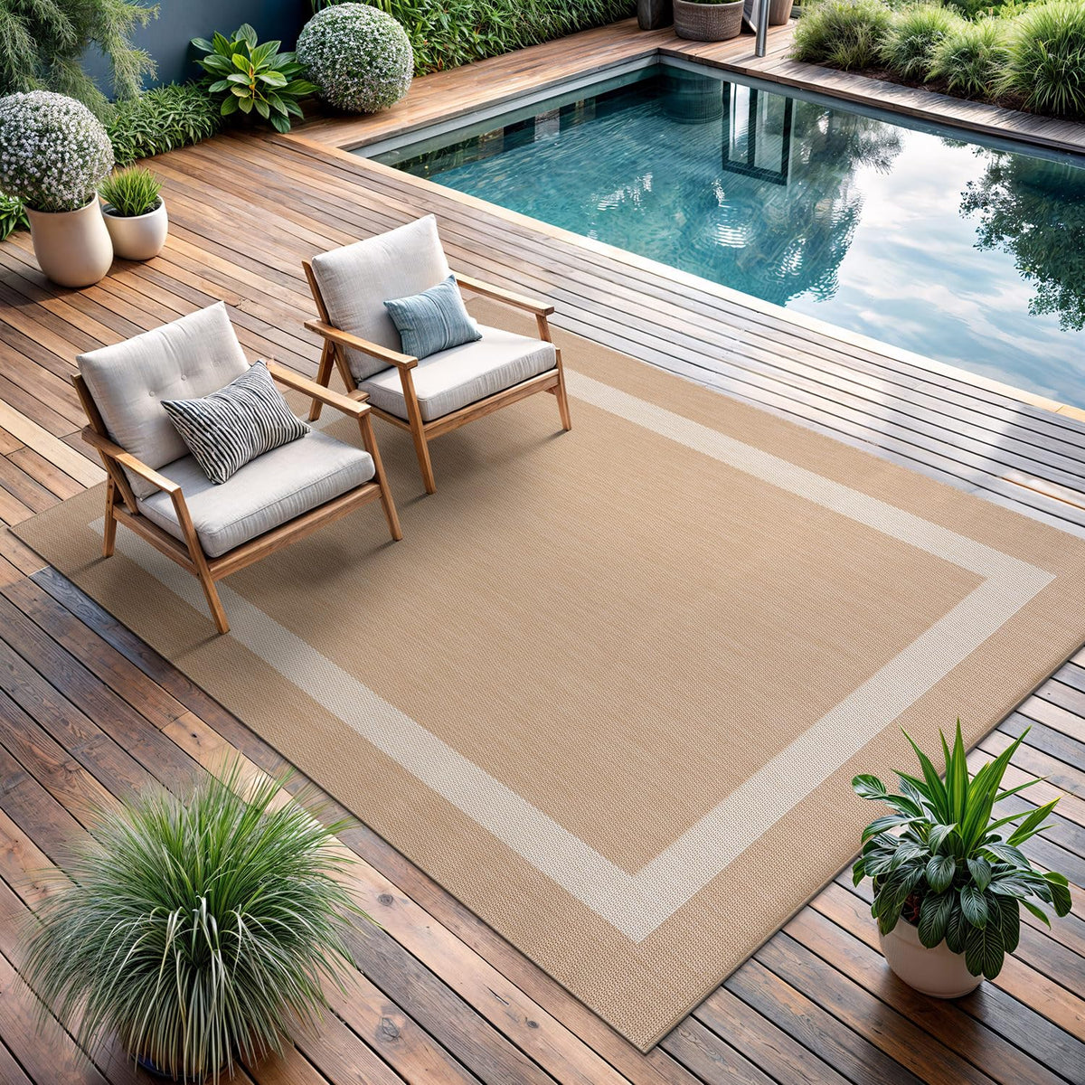 CAMILSON Indoor Outdoor Rug, 6x9 Bordered Dark Grey Black Modern Area Rugs for Indoor and Outdoor Patios, Kitchen and Hallway Mats, Washable Porch Deck Outside Carpet (Bordered Black, 6 x 9)