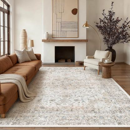 8x10 Washable Area Rug Beige Grey Non Slip Vintage Carpet