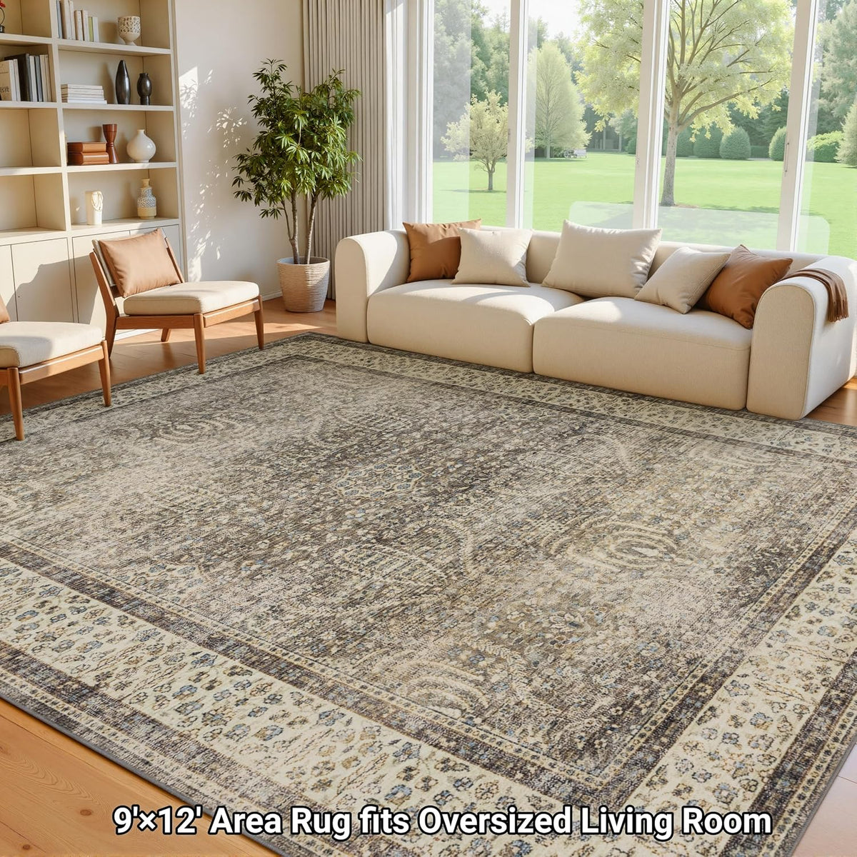 RCTJHOME 9x12 Brown Vintage Oriental Washable Area Rug Non-Slip Soft Carpet