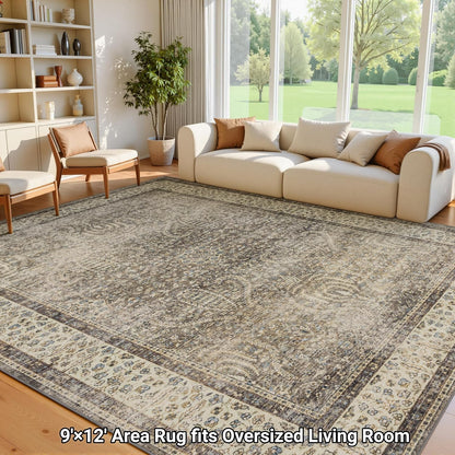 RCTJHOME 9x12 Brown Vintage Oriental Washable Area Rug Non-Slip Soft Carpet