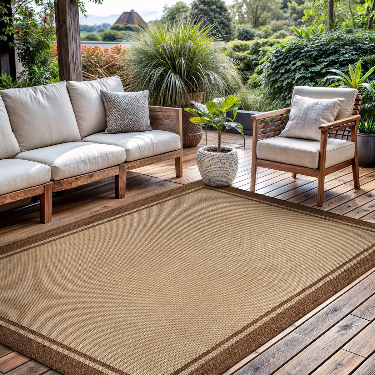CAMILSON Indoor Outdoor Rug, 6x9 Bordered Dark Grey Black Modern Area Rugs for Indoor and Outdoor Patios, Kitchen and Hallway Mats, Washable Porch Deck Outside Carpet (Bordered Black, 6 x 9)