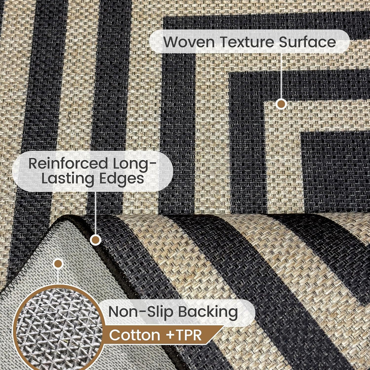 Washable 8x10 Black Striped Easy Jute Indoor Outdoor Rug for Living Room