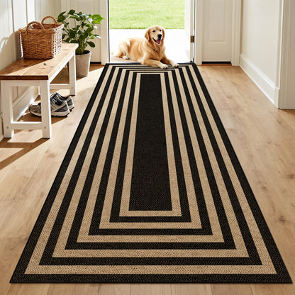 Washable 8x10 Black Striped Easy Jute Indoor Outdoor Rug for Living Room