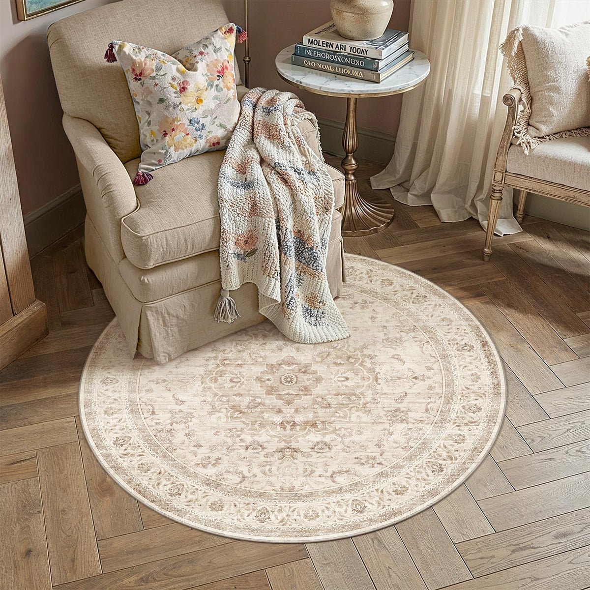 8x10 Washable Area Rug Beige Grey Non Slip Vintage Carpet