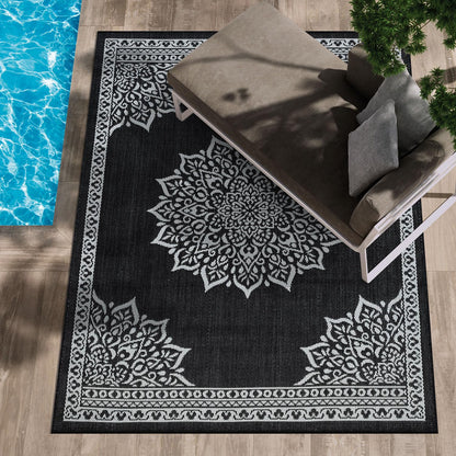 CAMILSON Indoor Outdoor Rug, 6x9 Bordered Dark Grey Black Modern Area Rugs for Indoor and Outdoor Patios, Kitchen and Hallway Mats, Washable Porch Deck Outside Carpet (Bordered Black, 6 x 9)