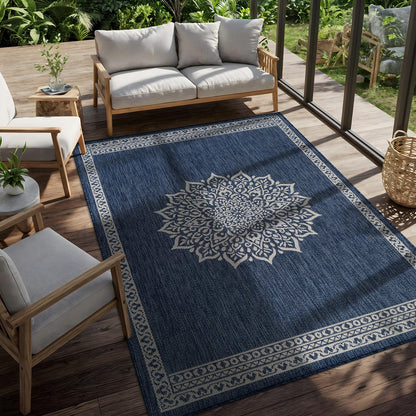 CAMILSON Indoor Outdoor Rug, 6x9 Bordered Dark Grey Black Modern Area Rugs for Indoor and Outdoor Patios, Kitchen and Hallway Mats, Washable Porch Deck Outside Carpet (Bordered Black, 6 x 9)