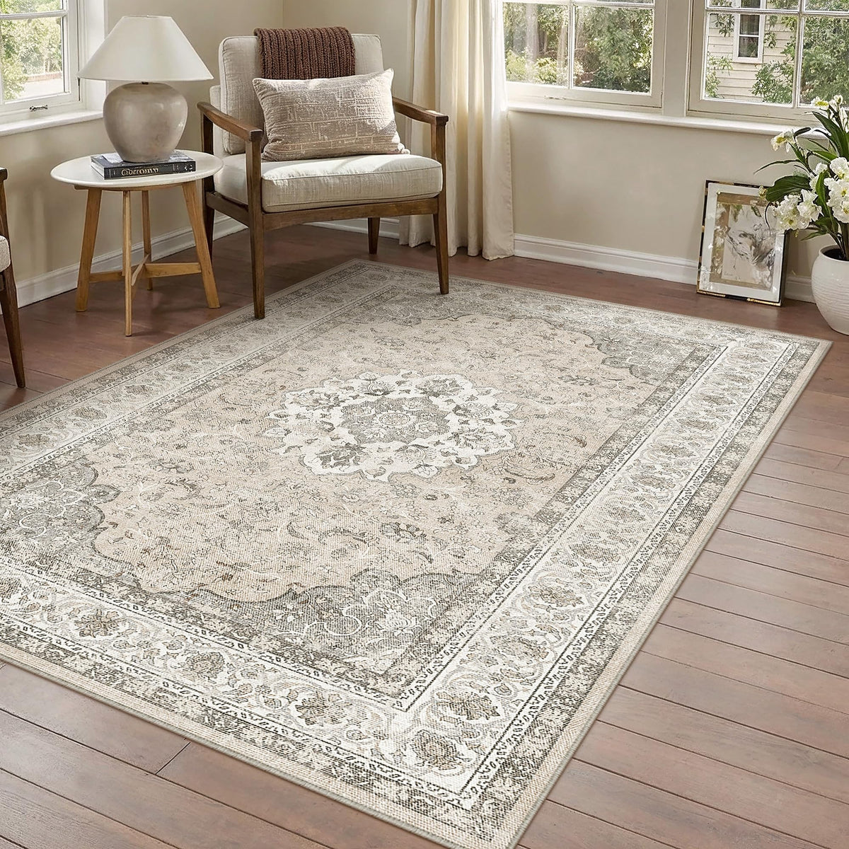 8x10 Washable Area Rug Beige Grey Non Slip Vintage Carpet