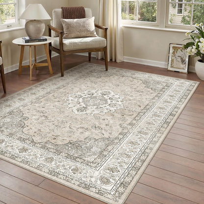 8x10 Washable Area Rug Beige Grey Non Slip Vintage Carpet