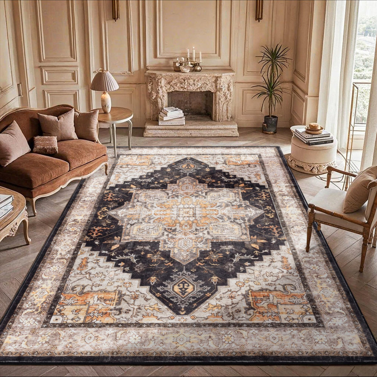 Carvapet Washable 3x5 Area Rug Orange Blue Vintage Floral Carpet