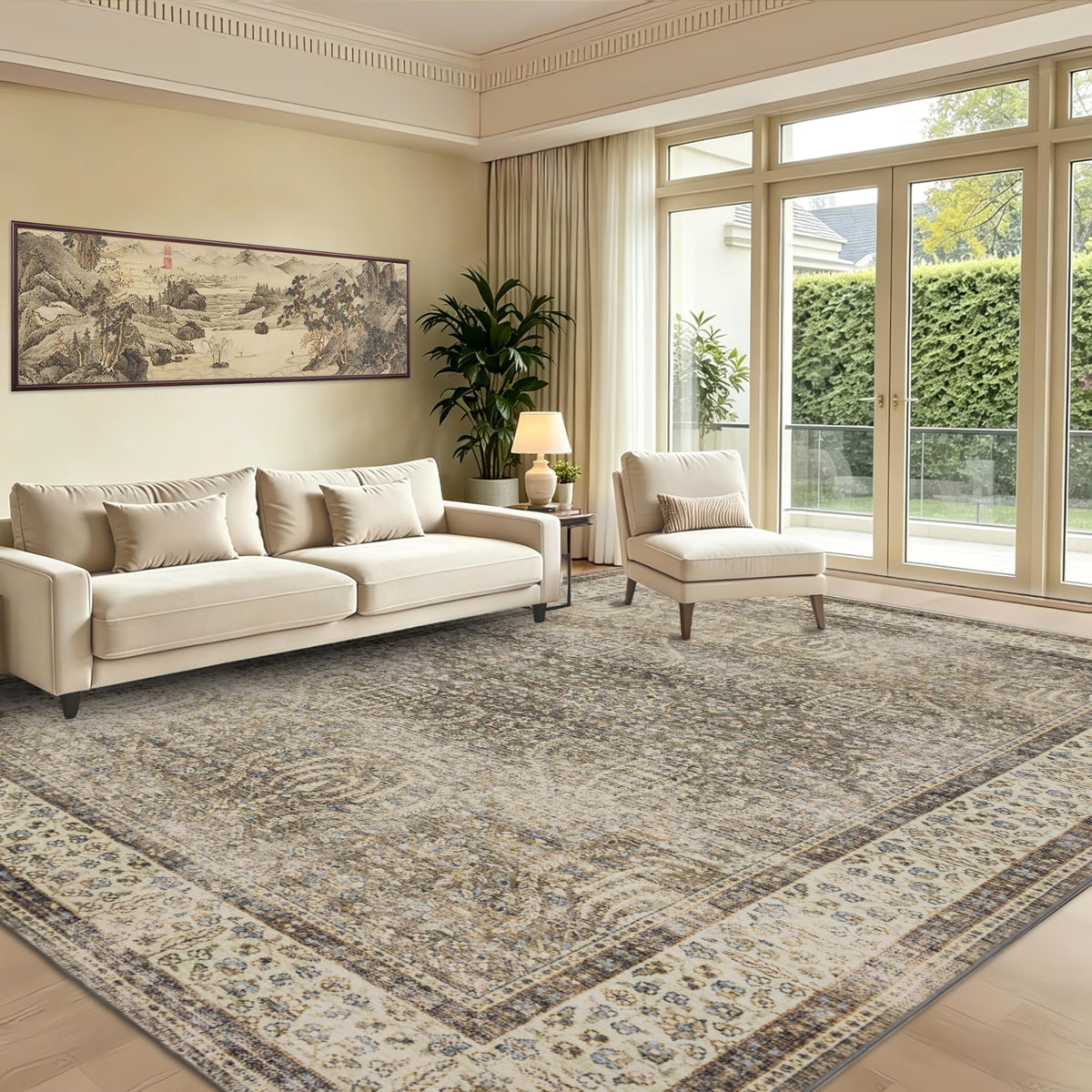 RCTJHOME 9x12 Brown Vintage Oriental Washable Area Rug Non-Slip Soft Carpet