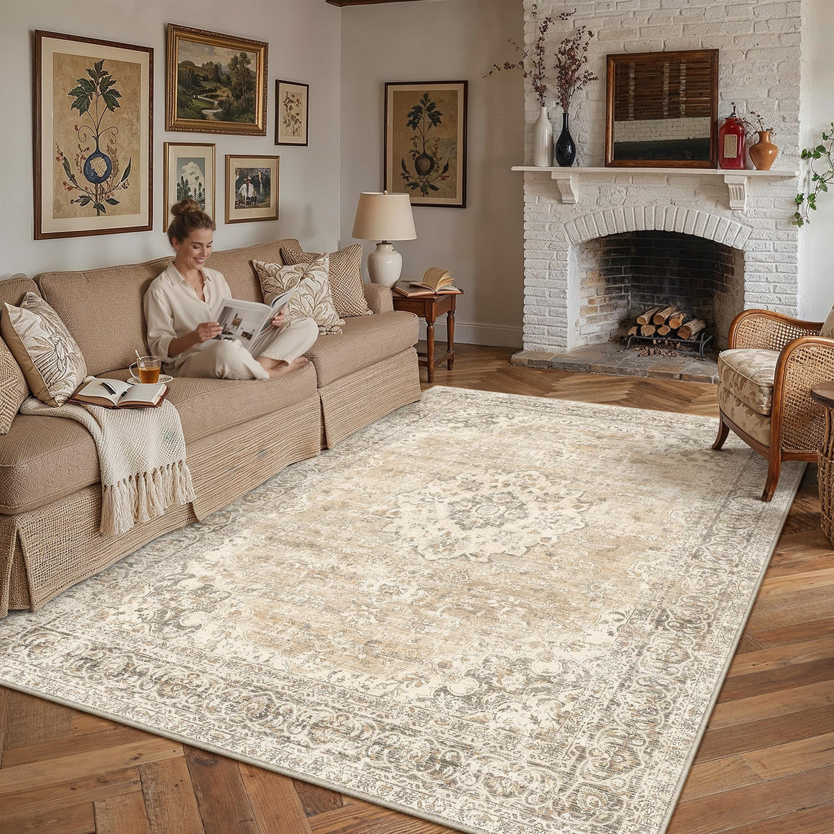 8x10 Washable Area Rug Beige Grey Non Slip Vintage Carpet