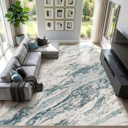Area Rugs for Living Room: 9X12 Abstract Washable Rug Modern Neutral Large Soft Stain Resistant Non-Slip for Bedroom Dining Room Indoor Home Office Carpet - Blue Brown