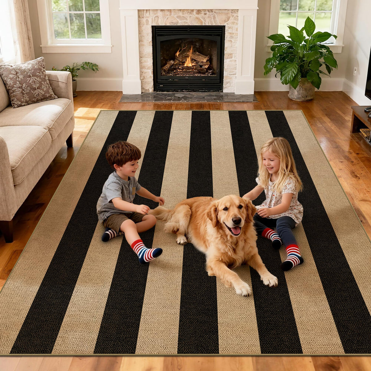Washable 8x10 Black Striped Easy Jute Indoor Outdoor Rug for Living Room
