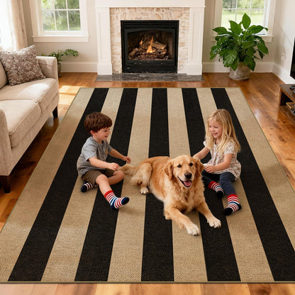 Washable 8x10 Black Striped Easy Jute Indoor Outdoor Rug for Living Room