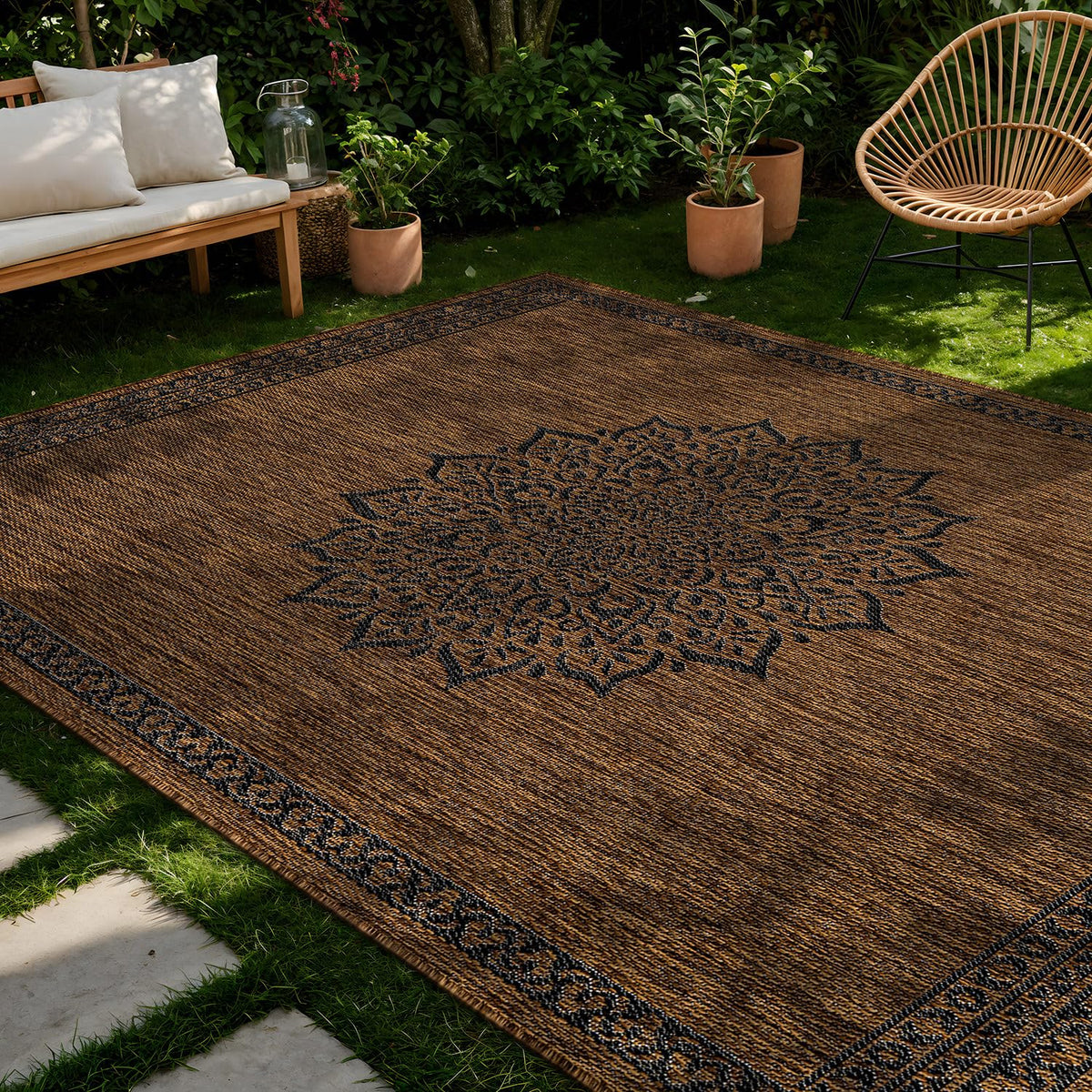 CAMILSON Indoor Outdoor Rug, 6x9 Bordered Dark Grey Black Modern Area Rugs for Indoor and Outdoor Patios, Kitchen and Hallway Mats, Washable Porch Deck Outside Carpet (Bordered Black, 6 x 9)
