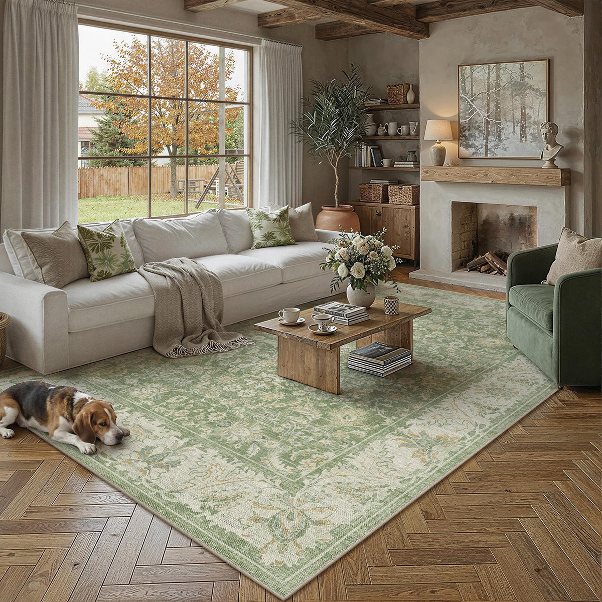 8x10 Washable Area Rug Beige Grey Non Slip Vintage Carpet