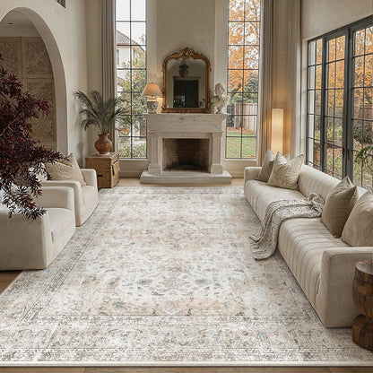 8x10 Washable Area Rug Beige Grey Non Slip Vintage Carpet