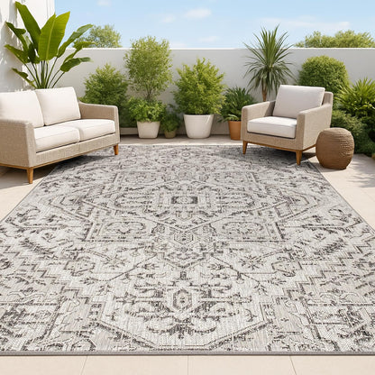 JONATHAN Y Boho Medallion Indoor Outdoor Area Rug 8X10 Black/Gray, Estrella Textured Weave for Backyard, Patio, Porch, Easy-Cleaning, High Traffic, Pet-Friendly, Non-Shedding (SMB105D-8)