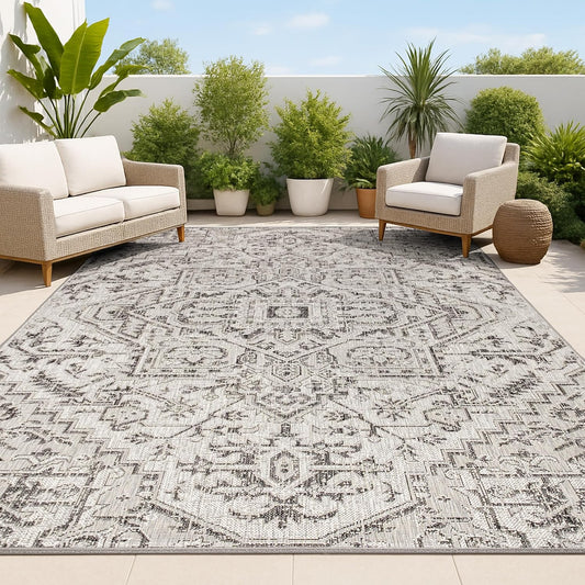 JONATHAN Y Boho Medallion Indoor Outdoor Area Rug 8X10 Black/Gray, Estrella Textured Weave for Backyard, Patio, Porch, Easy-Cleaning, High Traffic, Pet-Friendly, Non-Shedding (SMB105D-8)