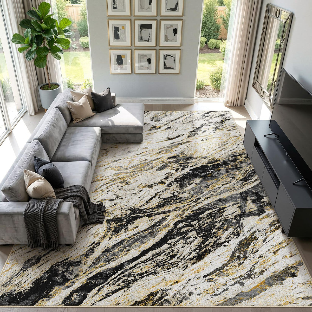 Area Rugs for Living Room: 9X12 Abstract Washable Rug Modern Neutral Large Soft Stain Resistant Non-Slip for Bedroom Dining Room Indoor Home Office Carpet - Blue Brown