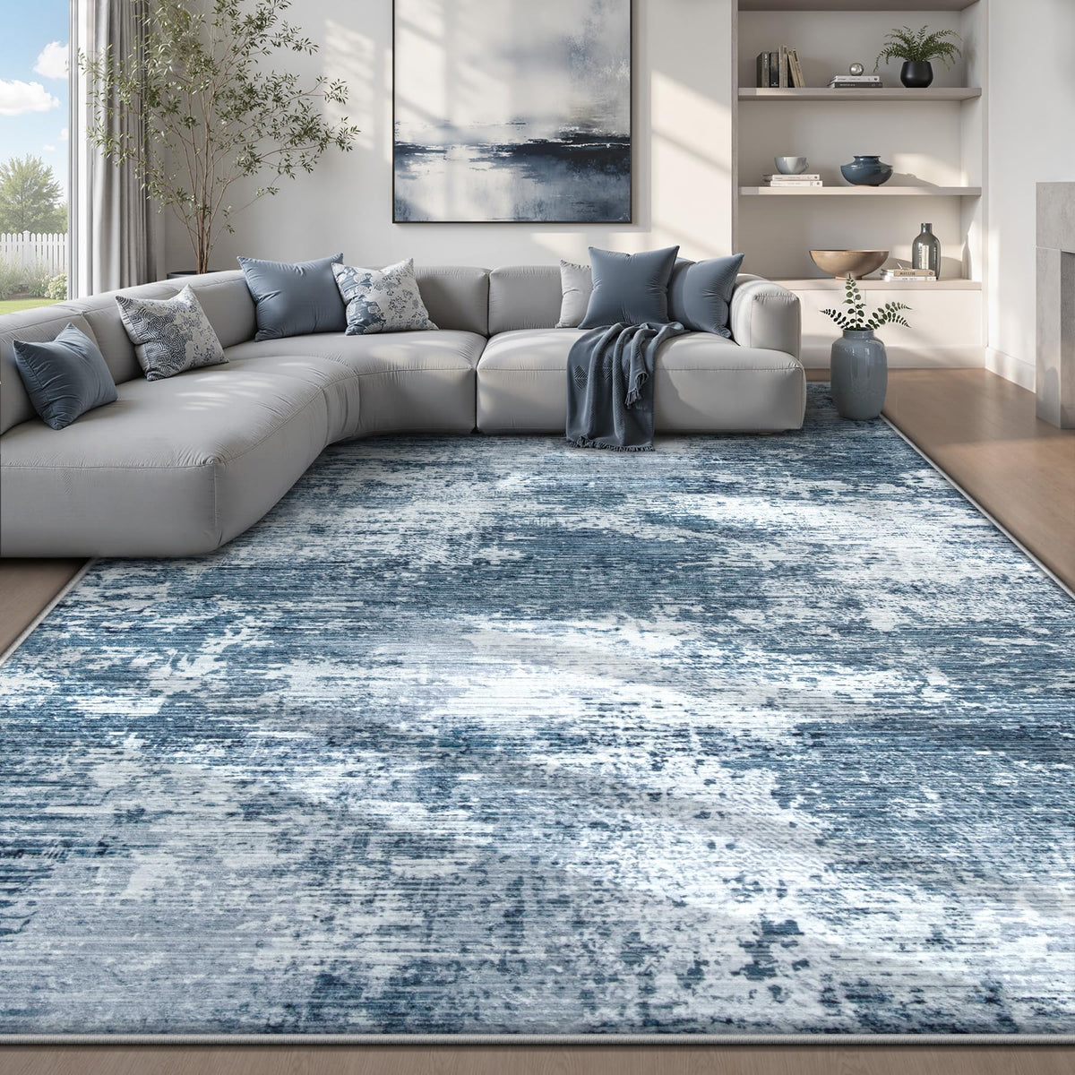 9x12 Area Rugs for Living Room: Washable Modern Abstract Rug Large Neutral Non-Slip Low Pile Indoor Carpet for Bedroom Dining Room Nursery Office (Blue, 9'x12')
