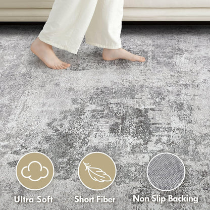 Tortania Washable 8x10 Area Rug for Living Room: Modern Abstract Neutral Large Soft Thin Rugs - Non Slip Indoor Carpet for Bedroom Dining Room Office Nursery Home Floor Decoration - Smoky Gray