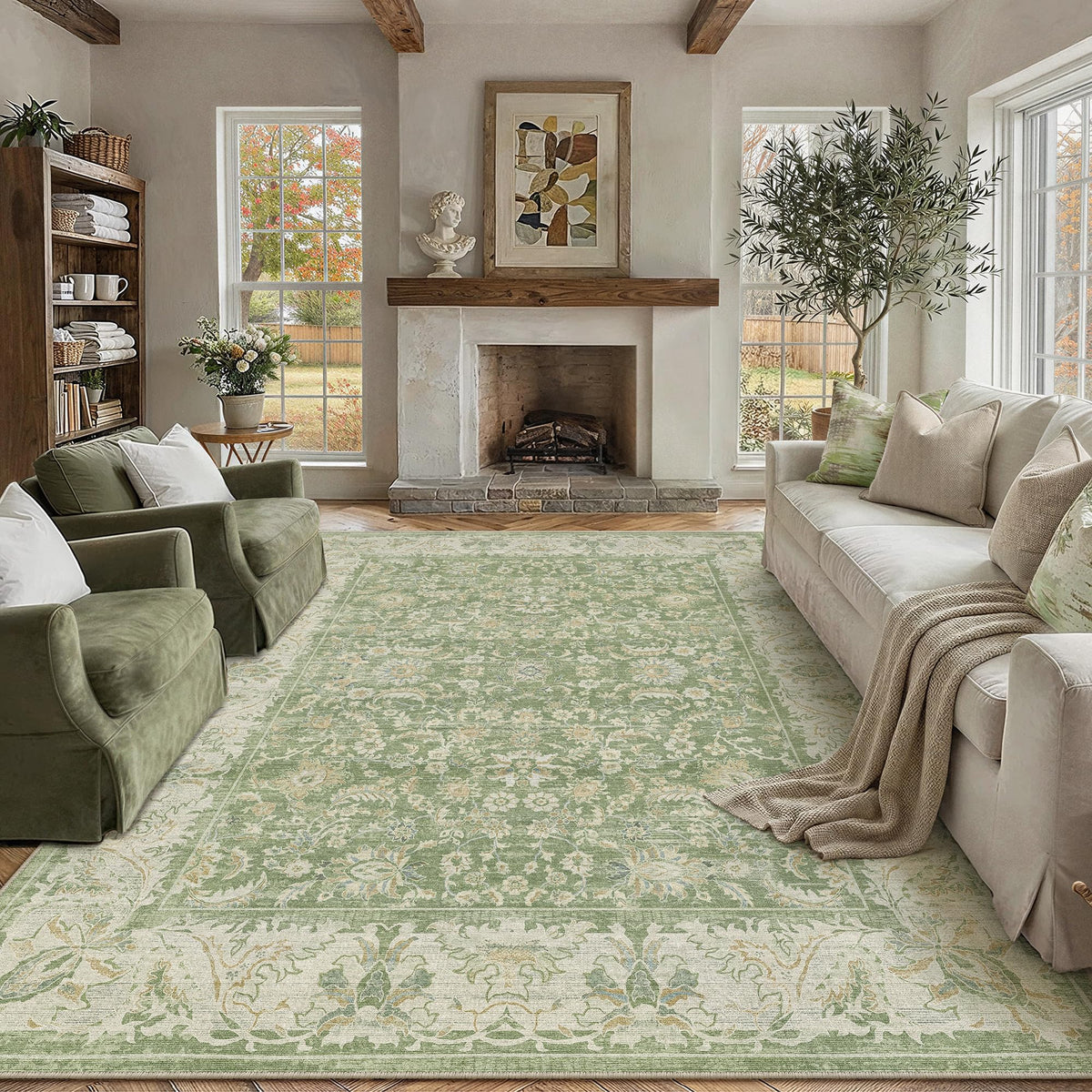 8x10 Washable Area Rug Beige Grey Non Slip Vintage Carpet