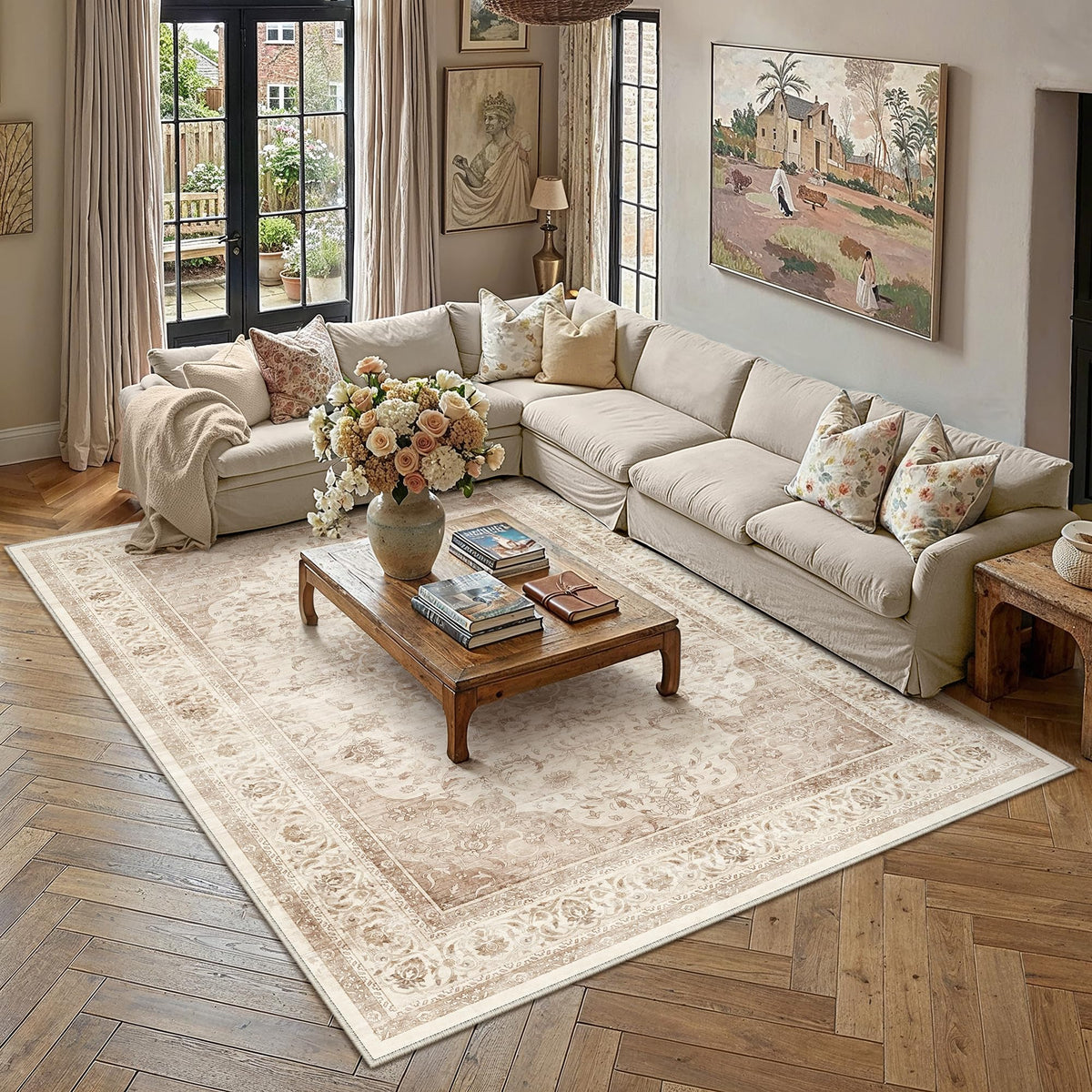 8x10 Washable Area Rug Beige Grey Non Slip Vintage Carpet
