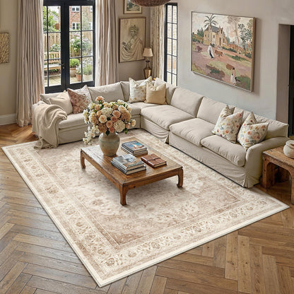 8x10 Washable Area Rug Beige Grey Non Slip Vintage Carpet