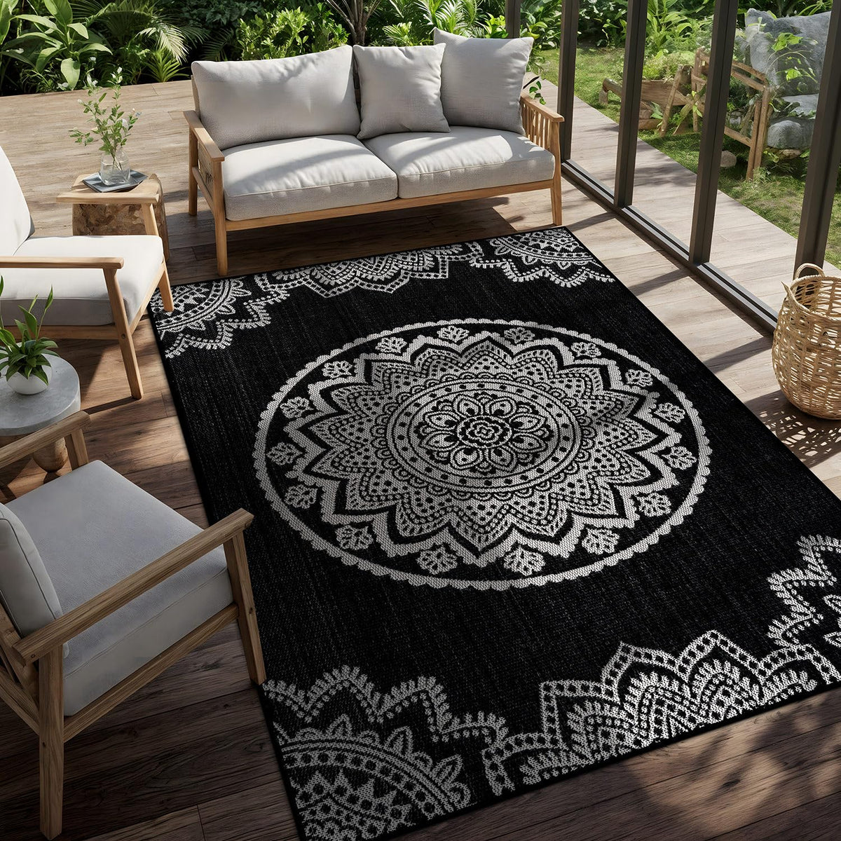 CAMILSON Outdoor Rug 5x7 Modern Area Rugs for Indoor and Outdoor Patios and Porches - Waterproof, Washable, Non-Shedding, Easy-to-Clean Outside Carpet (5 x 7, Medallion - Beige/White)